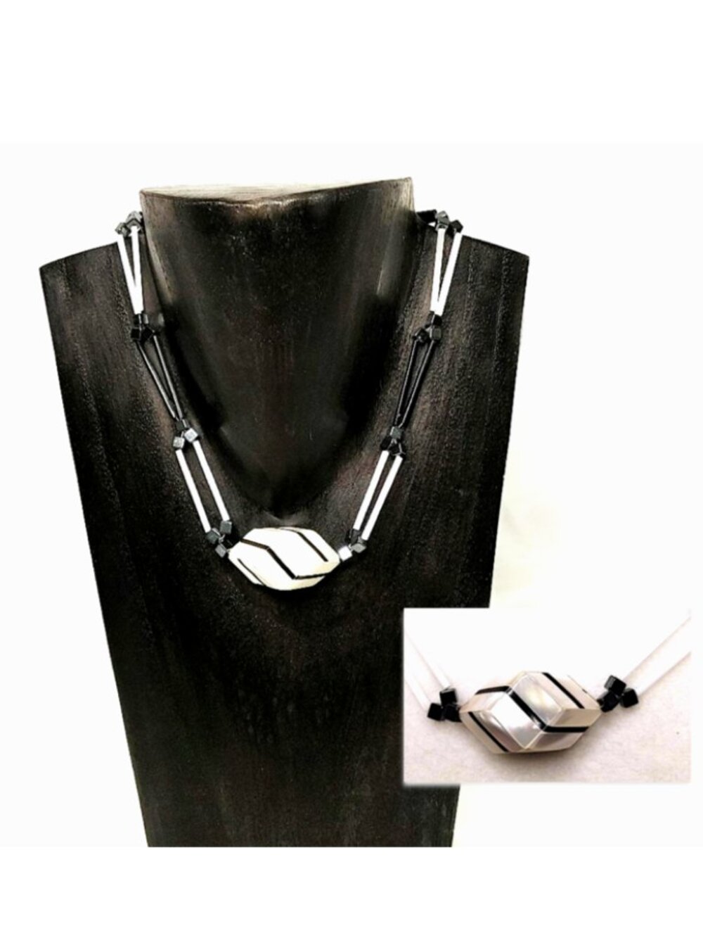 Necklace MOP 16” Black & White Mother of Pearl Grey Hematite Glass Beads Collar